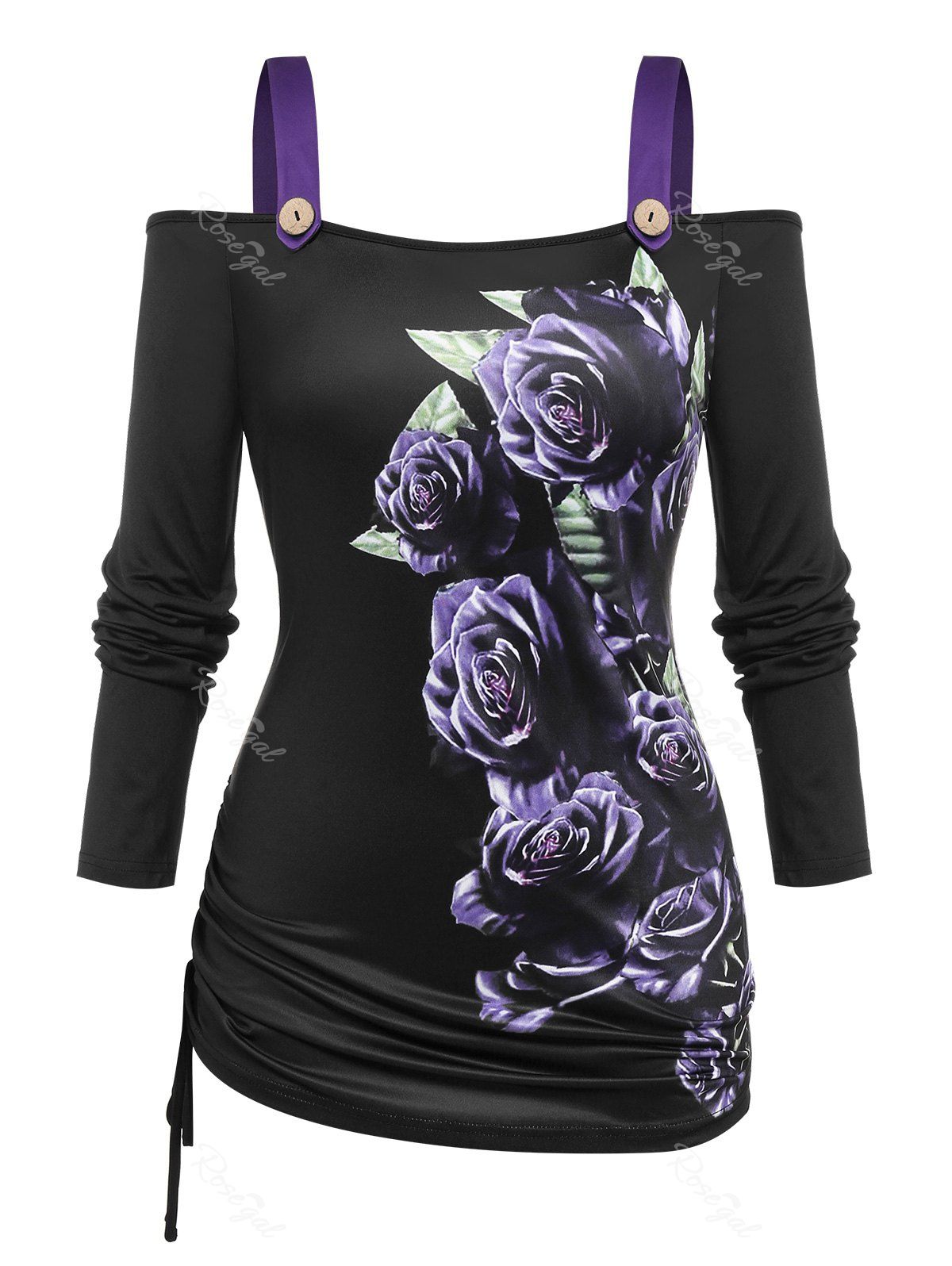 Outfit Plus Size Cinched Floral Print Cold Shoulder Gothic Tee  