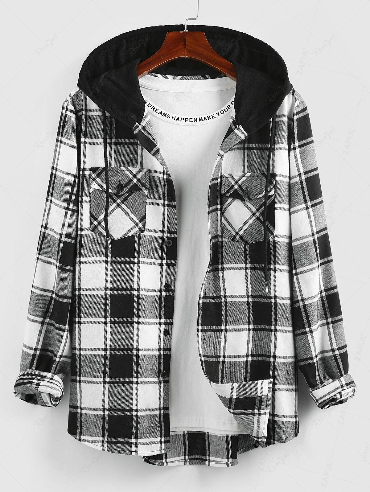 Hot Hooded Plaid Print Double Pockets Shirt  