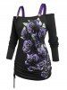 Plus Size Cinched Floral Print Cold Shoulder Gothic Tee -  