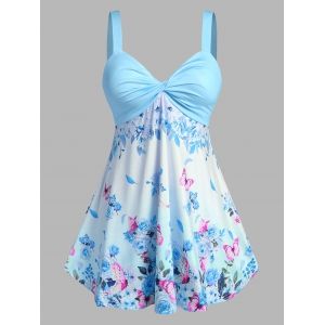 

Plus Size Floral Print Twist Tank Top, Light blue