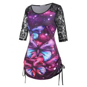 

Plus Size Butterfly Print Lace Insert Drawstring Side T Shirt, Concord