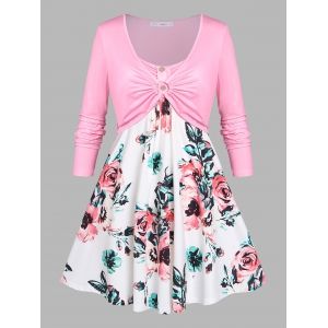

Plus Size Flower Print O Ring Mock Button T Shirt, White