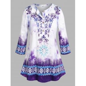 

Plus Size Half Button Flower Ombre T Shirt, Light purple