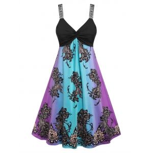 

Plus Size Ombre Flower Print Twisted Applique Strap Dress, Black