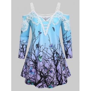 

Plus Size Butterfly Print Cold Shoulder T Shirt, Light blue