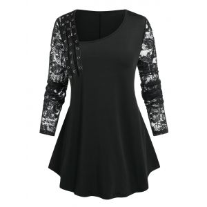 

Plus Size Lace Sleeve Skew Neck Eyelets T-shirt, Black