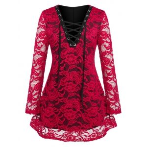 

Plus Size Lace Sheer Lace-up Long Sleeve Tee, Deep red