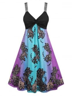 Plus Size Ombre Flower Print Twisted Applique Strap Midi Dress - BLACK - L