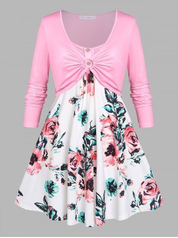 Plus Size Flower Print O Ring Mock Button T Shirt - LIGHT PINK - 4X