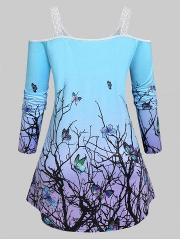 Plus Size Butterfly Print Cold Shoulder T Shirt