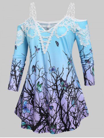 Plus Size Butterfly Print Cold Shoulder T Shirt