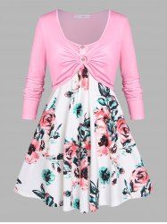 Plus Size Flower Print O Ring Mock Button T Shirt -  