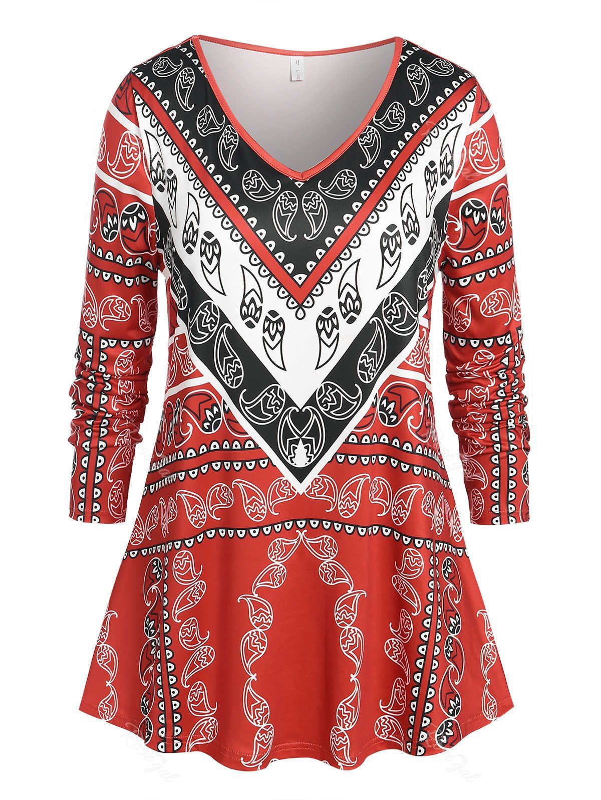 Fashion Plus Size Paisley Print Colorblock V Neck T Shirt  