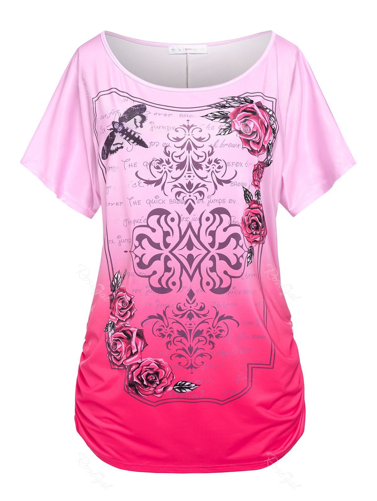 T-shirt Courbe à Imprimé Fleur Grande Taille à Manches Chauve-souris Rose clair 4X