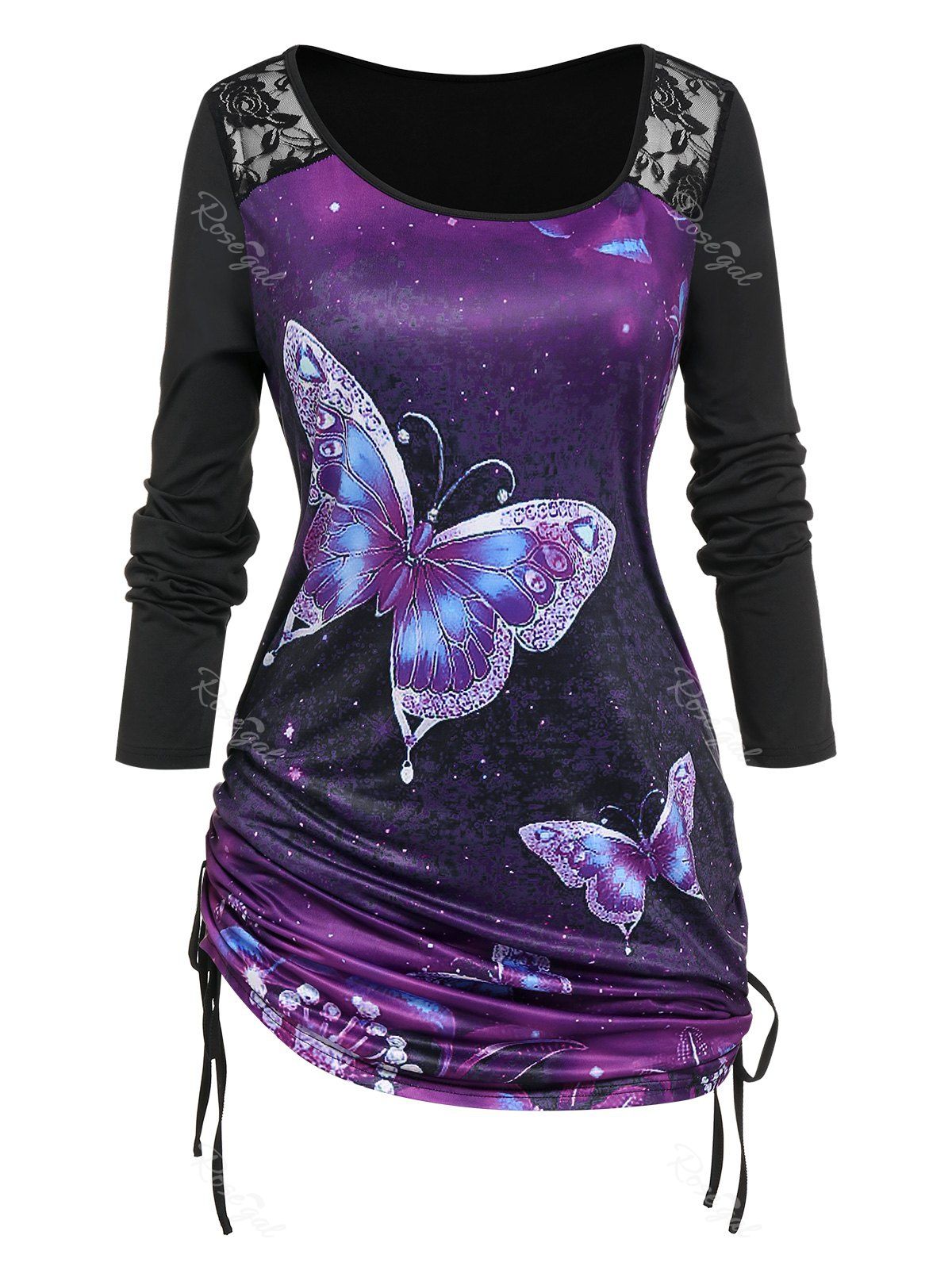 Trendy Plus Size Lace Insert Galaxy Butterfly Print Cinched T Shirt  