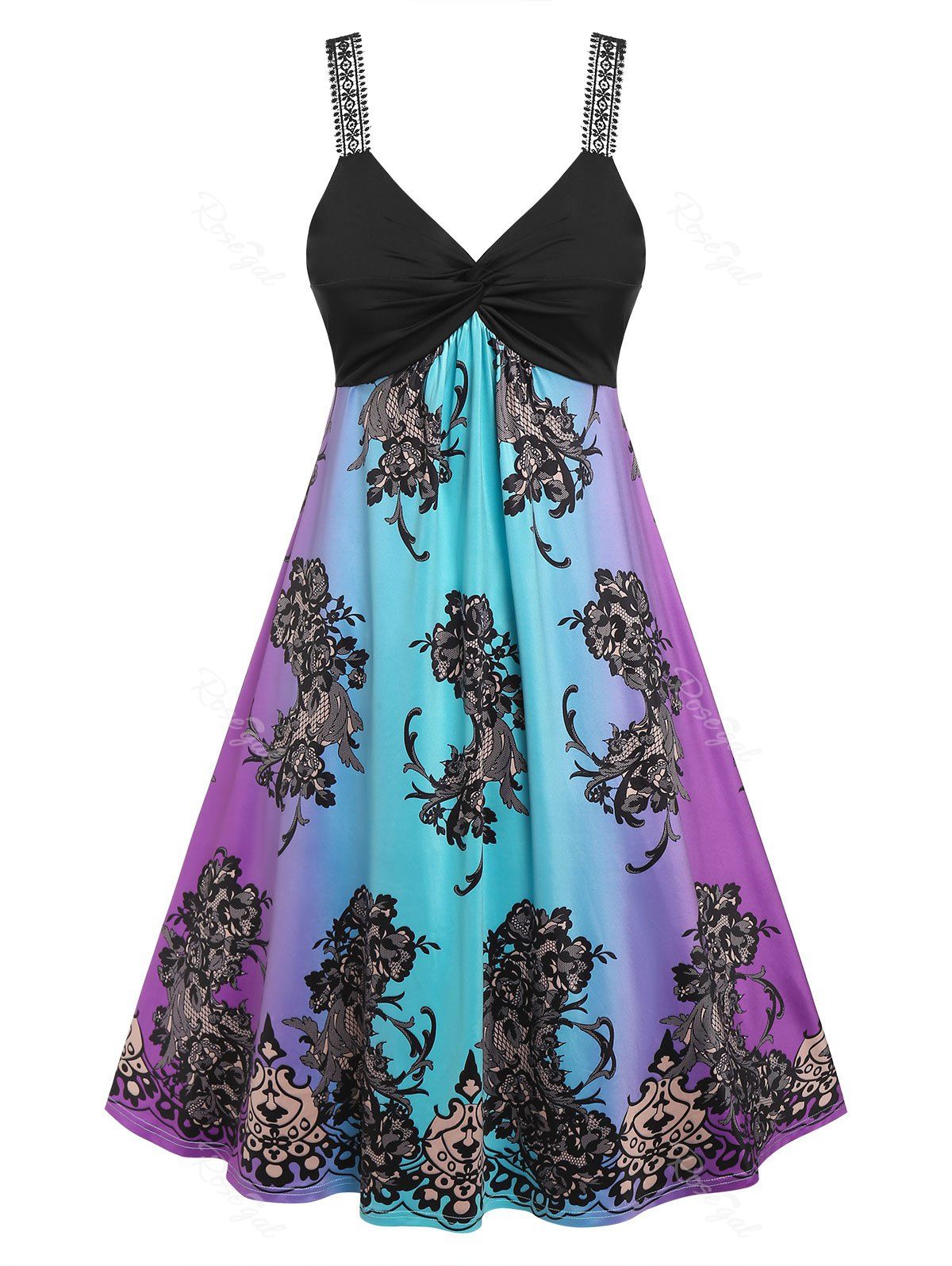 Hot Plus Size Ombre Flower Print Twisted Applique Strap Midi Dress  