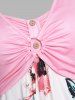 Plus Size Flower Print O Ring Mock Button T Shirt -  