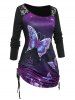 Plus Size Lace Insert Galaxy Butterfly Print Cinched T Shirt -  