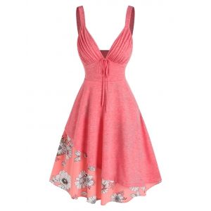 

V Neck Pleated Floral Printed Layers Dress, Light pink