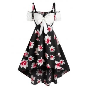 

Flower Print High Low Twofer Dress, Black