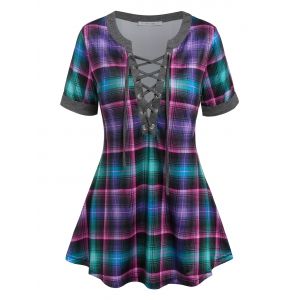 

Lace Up Plaid Swing Tee, Purple