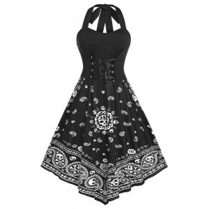 

Plus Size Halter Lace Up Backless Skull Paisley Print Dress, Black