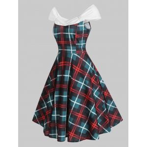

Off Shoulder Plaid Knotted Knee Length Dress, Multi