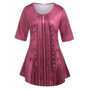 

Plus Size 3D Lace Up Zip Print T Shirt, Deep red