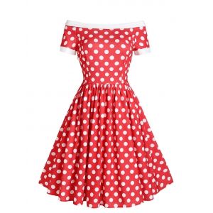 

Polka Dot Off Shoulder Princess Seam Dress, Red