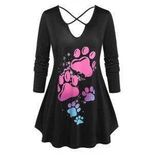 

Plus Size Crisscross Footstep Print T-shirt, Black