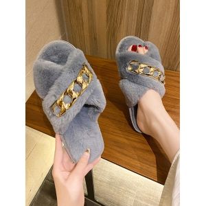 

Criss-Cross Chain Furry Slippers, Gray