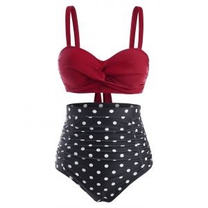 

Twisted Ruched High Waisted Polka Dot Bikini Swimwear, Deep red