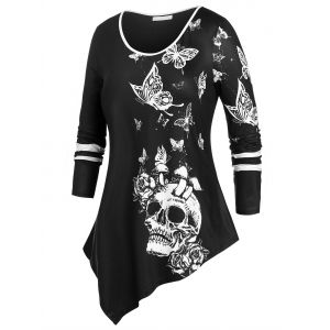 

Plus Size Halloween Butterfly Skull Print Irregular T-shirt, Black