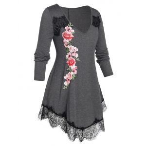 

Plus Size Embroidered Flower Lace Edge T Shirt, Gray