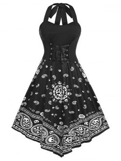 Plus Size Halter Lace Up Corset Style Backless Skull Paisley Print Dress - BLACK - L