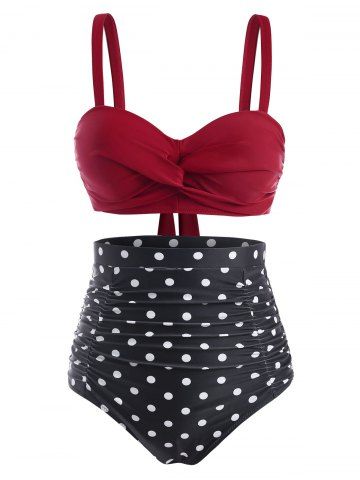 Twisted Ruched High Waisted Polka Dot Bikini Swimwear - DEEP RED - 2XL