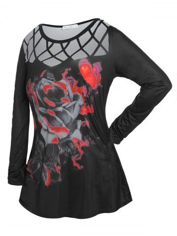 Plus Size Gothic Cross Cut Out Butterfly Floral T Shirt - BLACK - 4X