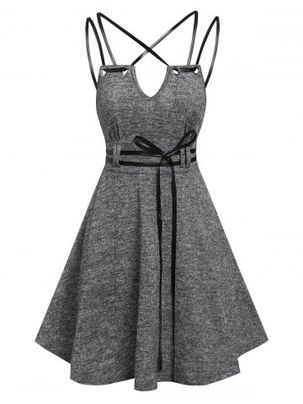 Strappy Belted Heathered Flare Dress
