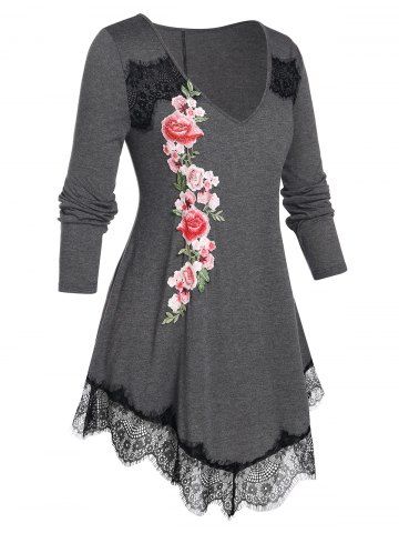 Plus Size Rose Embroidered Lace Edge T Shirt - GRAY - L