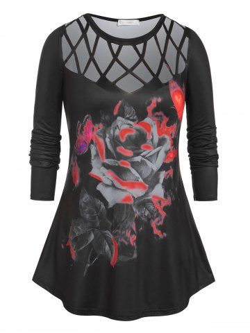 Plus Size Gothic Cross Cut Out Butterfly Floral T Shirt