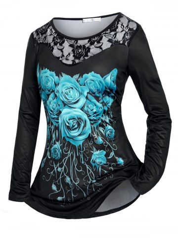 Plus Size Lace Panel Flowers Printed Gothic T Shirt - BLACK - 4X