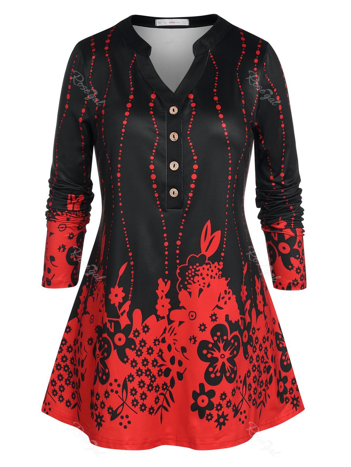 Hot Plus Size Bicolor Half Button Flower Print T Shirt  
