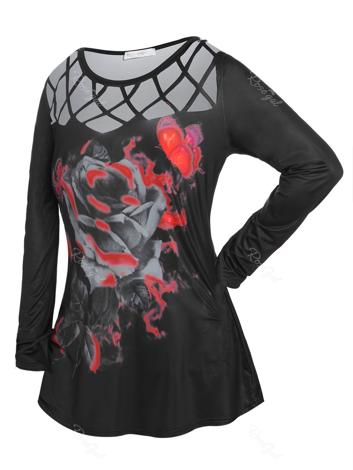 Latest Plus Size Gothic Cross Cut Out Butterfly Floral T Shirt  