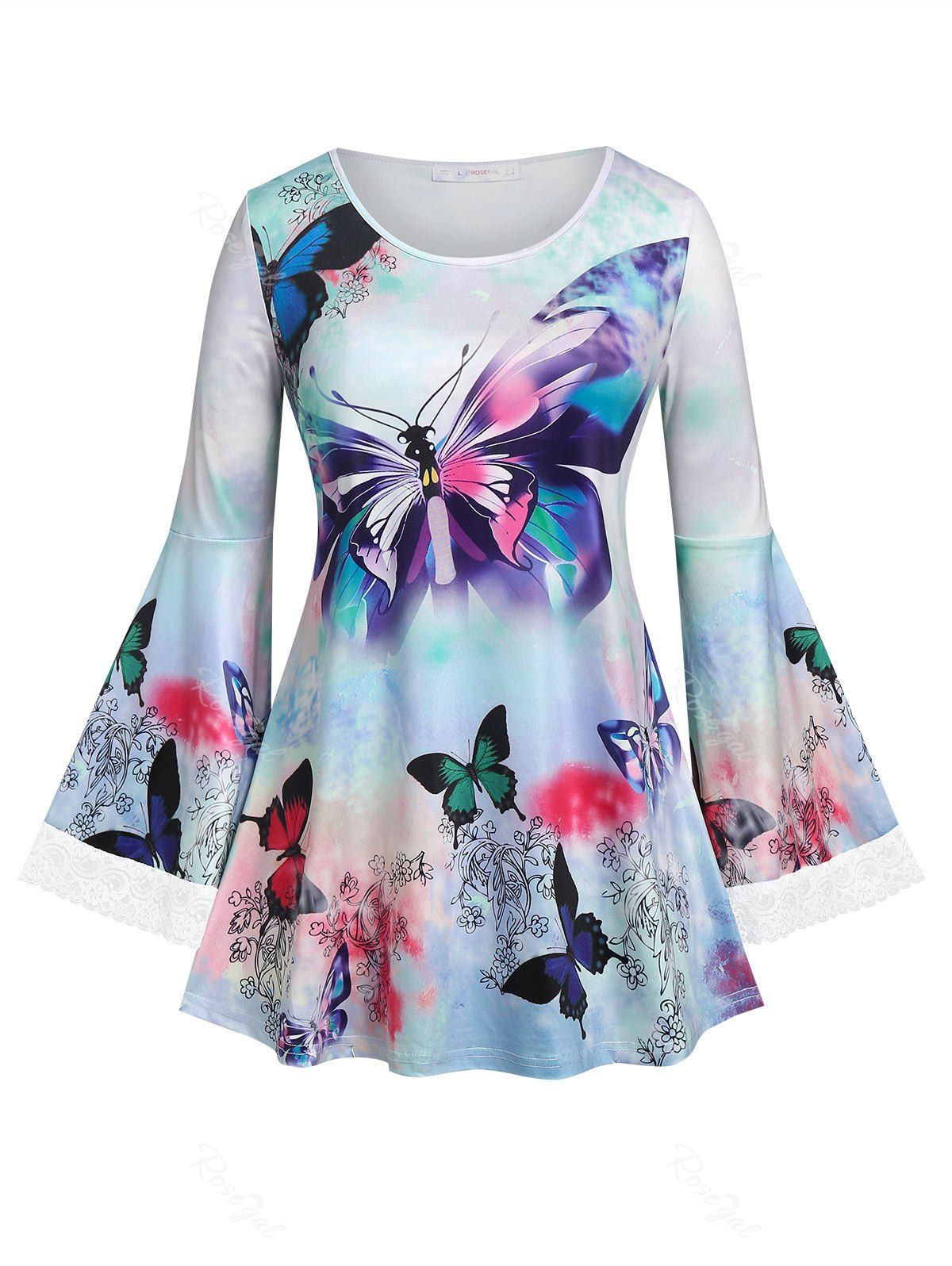 Discount Plus Size Bell Sleeve Butterfly Print T-shirt  