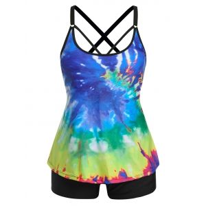 

Plus Size Tie Dye Crisscross Cutout Tankini Swimwear, Blue