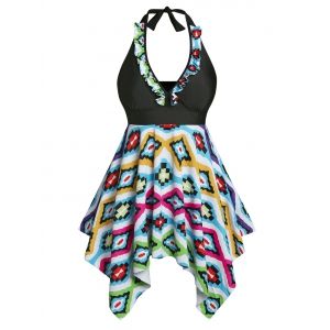 

Plus Size Halter Handkerchief Ruffle Print Backless Tankini Swimwear, Multi