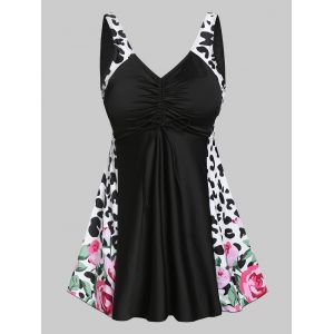 

Plus Size Dalmatian Dot Flower Ruched Boyshort Tankini Swimwear, Multi