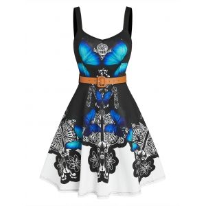 

Sleeveless Belted Butterfly Flowers Print Dress, Black