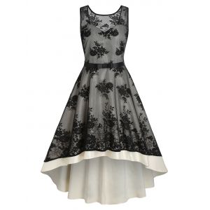 

Flower Patterned Lace Overlay Belted Dip Hem Dress, White