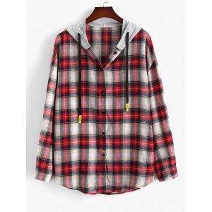 

Plus Size Contrast Hooded Plaid Button Down Shirt, Red